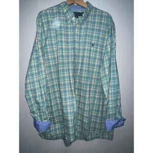Ralph Lauren Plaid Stretch Button Down Long Sleeve Blue Mens 2XL Flip Cuffs Rare